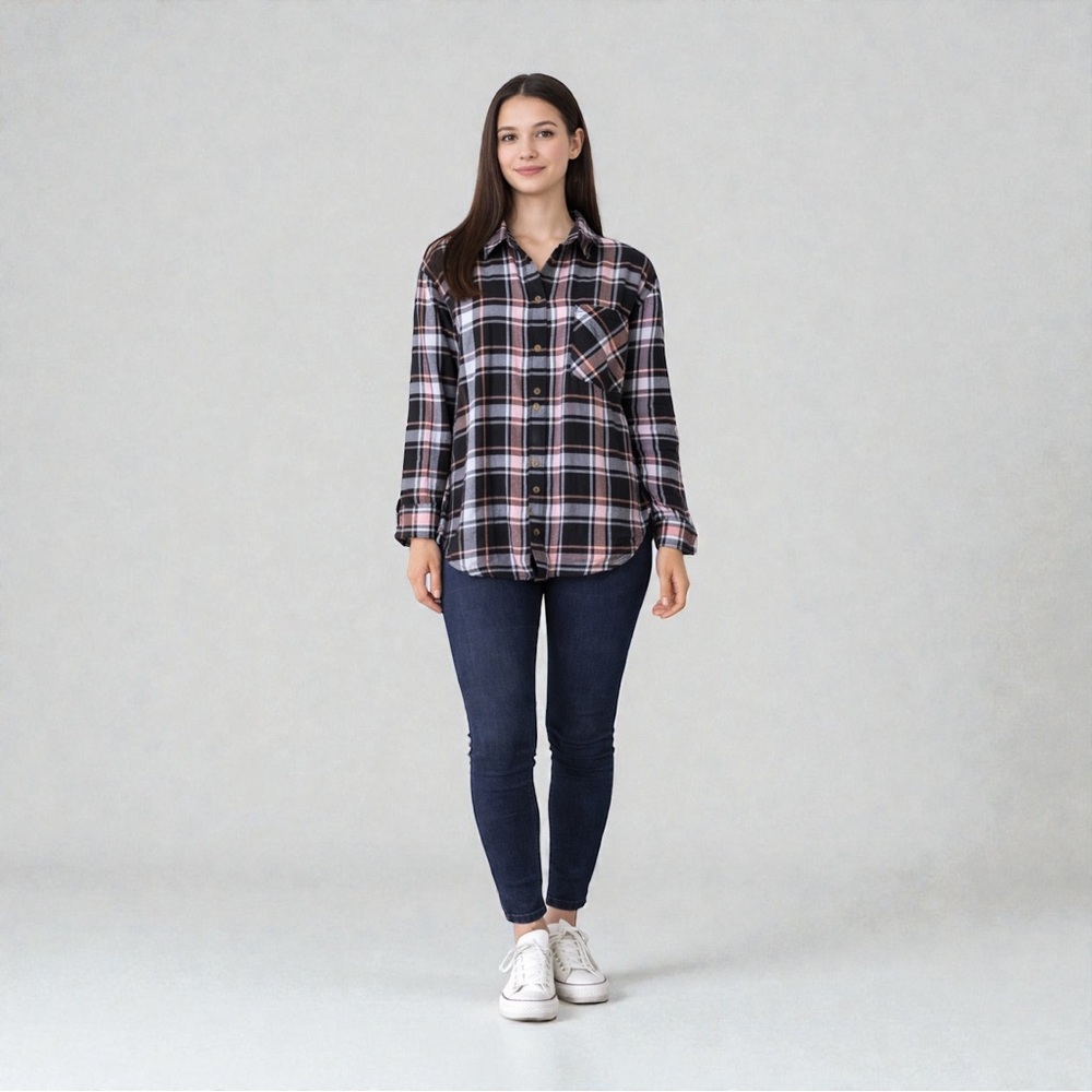 Ambiance Plaid Button-Up Shirt | Size Small | Black Blush & Grey | Casual